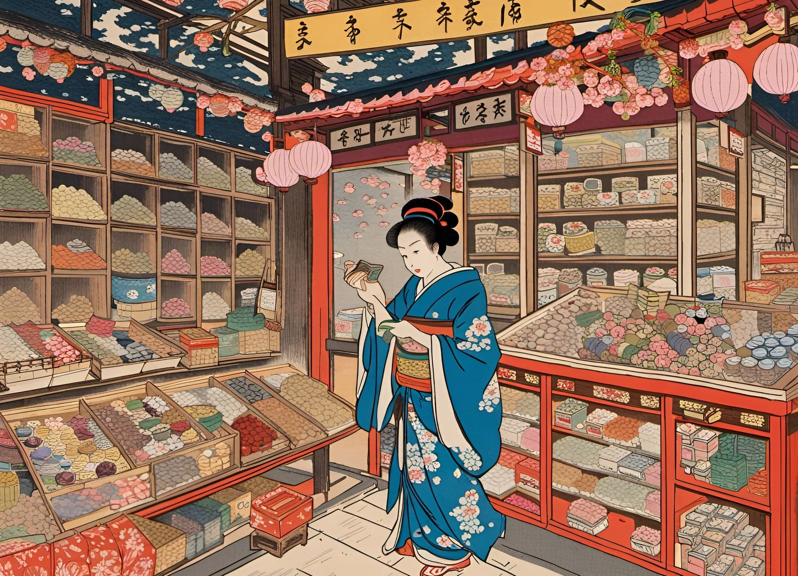 Ukiyo-e Candy Shop: Vibrant Woodblock Print