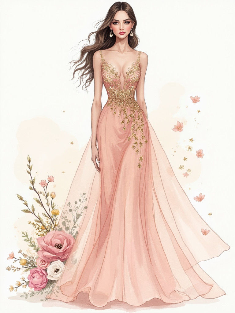 Glamorous Botanical Evening Gown in Blush and Gold