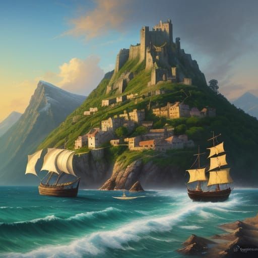 Medieval Ships and Village in Mountain Landscape