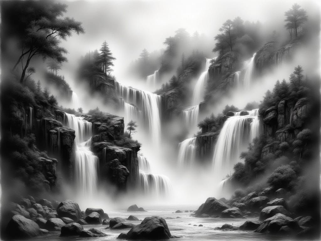 Charcoal Waterfall in Stark Contrast