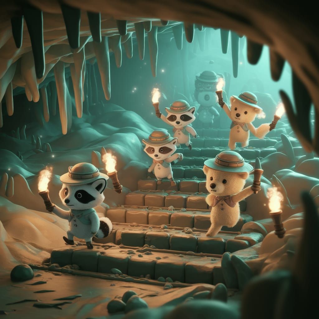Animal Explorers in Glowing Cavern, Ghibli Style