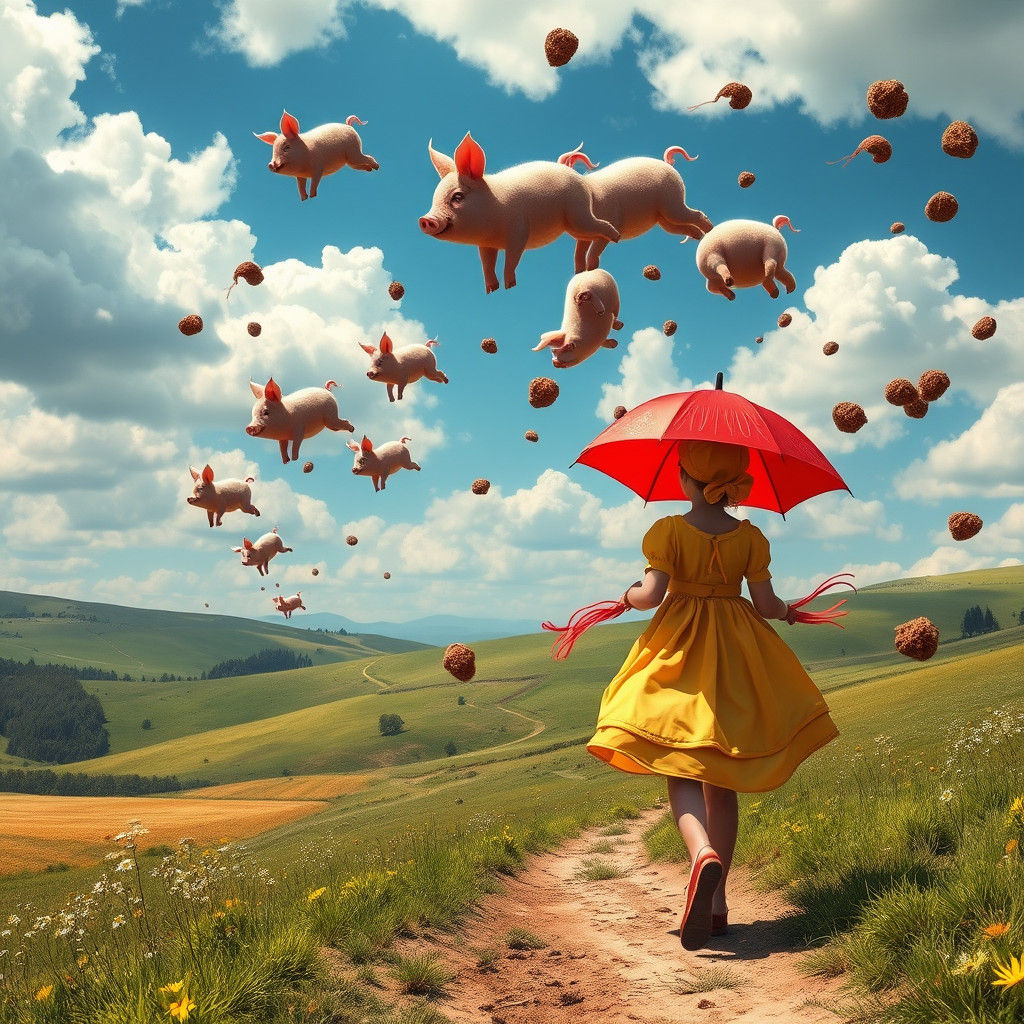 Pigs Fly Over Whimsical Landscape as Matte Painting