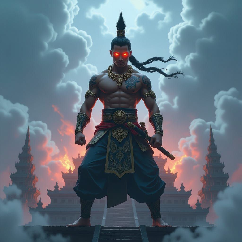 Muay Thai Warrior on Ziggurat in Anime Style