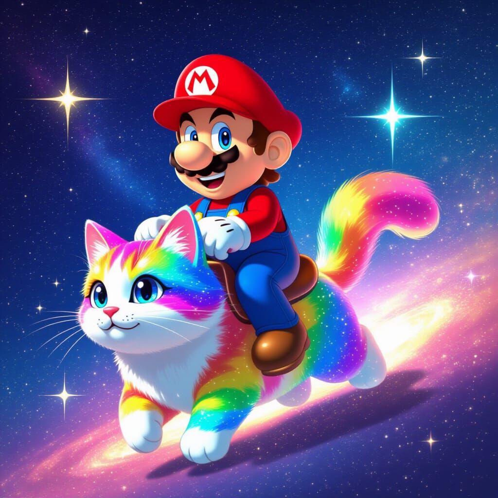 Mario Rides a Rainbow Cat Through a Glittery Galaxy