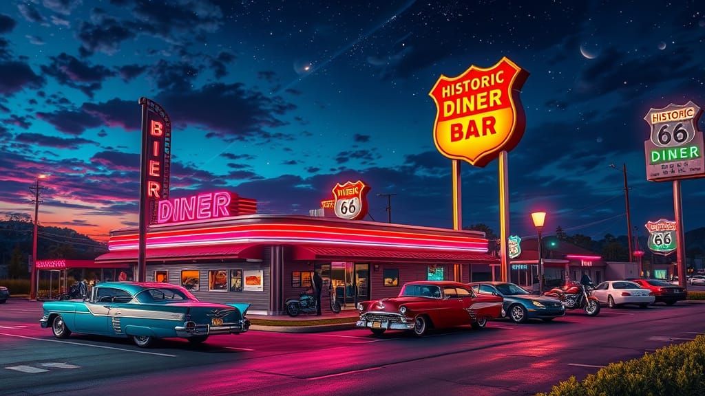 Retro-Futuristic Diner Bar on Route 66 in Vibrant Neon Color...