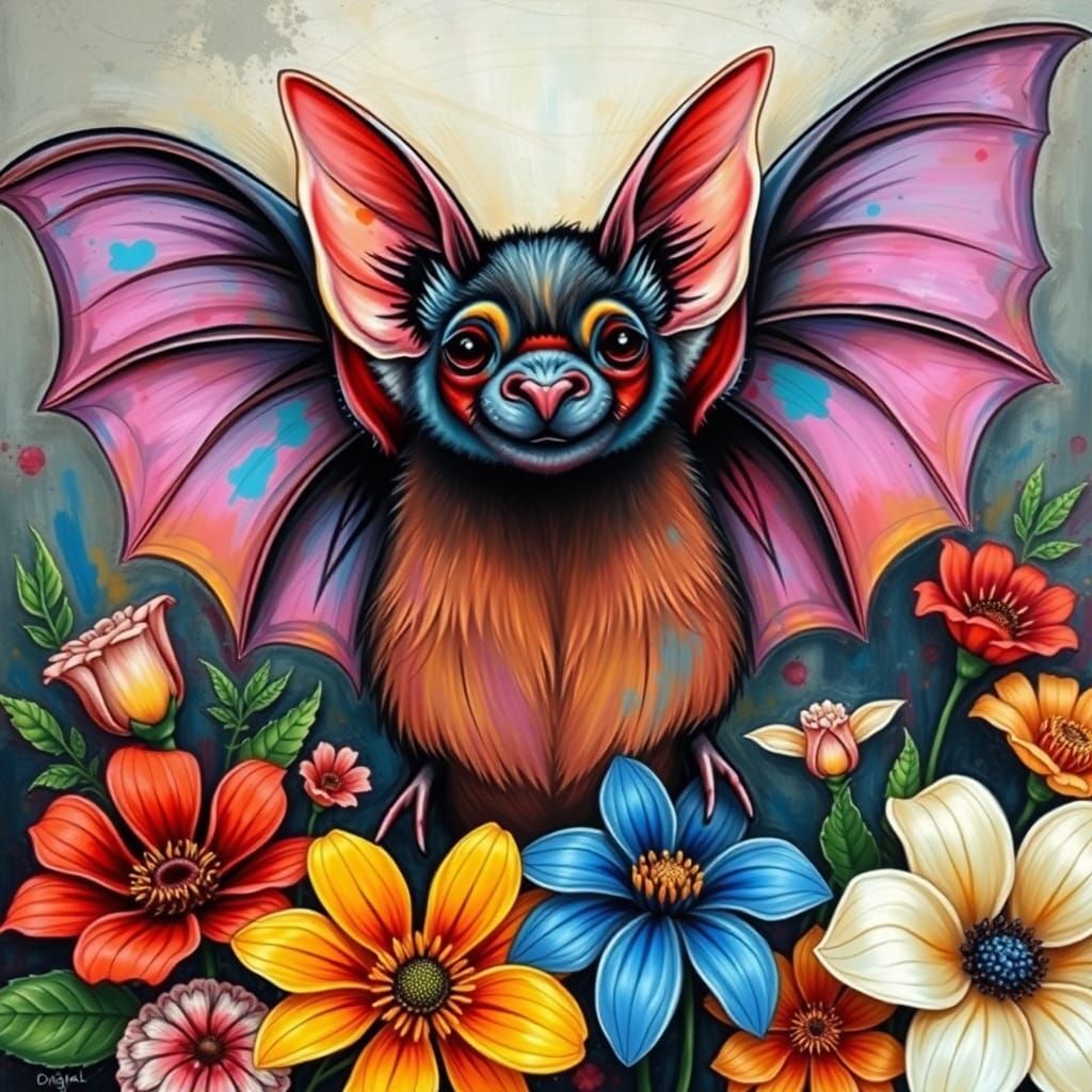 Vibrant Bat in Whimsical Floral Wonderland