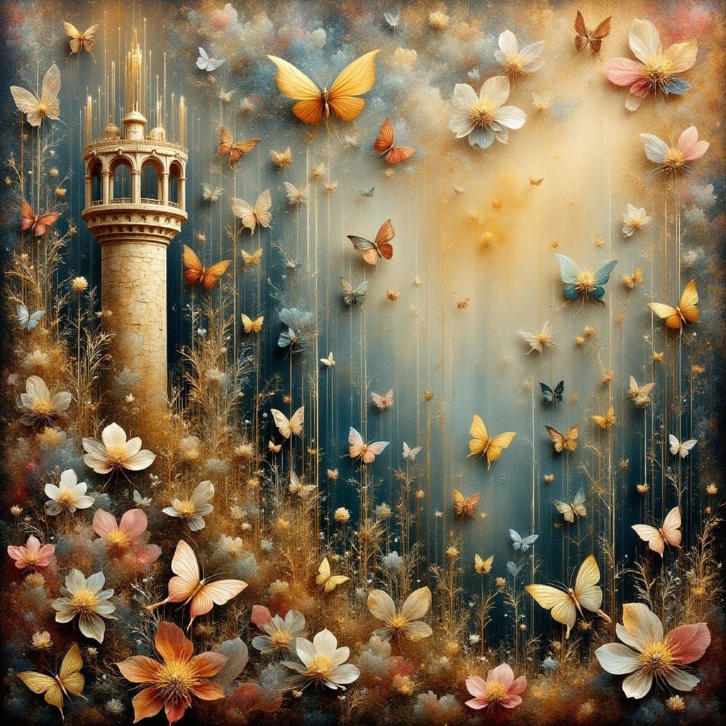 Alien Landscape: Stone Tower with Butterfly Hybrids