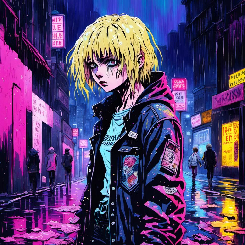 Crying Goth Girl in Rainy Anime Metropolis