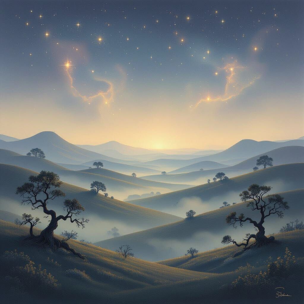 Ethereal Twilight Landscape with Dreamy Mist