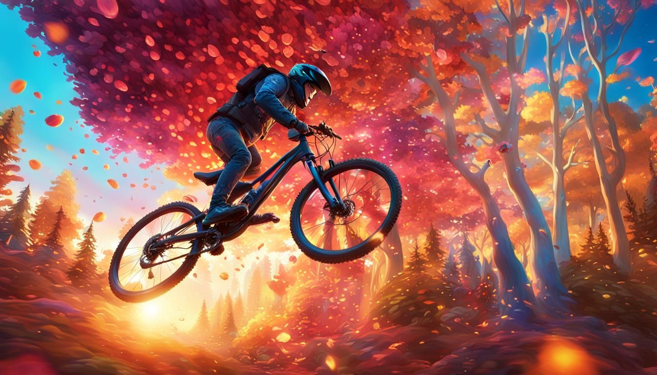 Biker in Colorful Forest, Digital Art