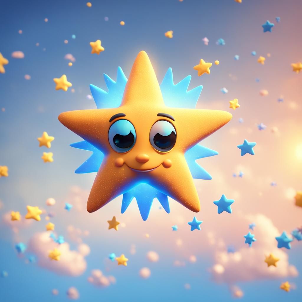 Cute Star and Sun in Blue Sky: 3D Digital Art