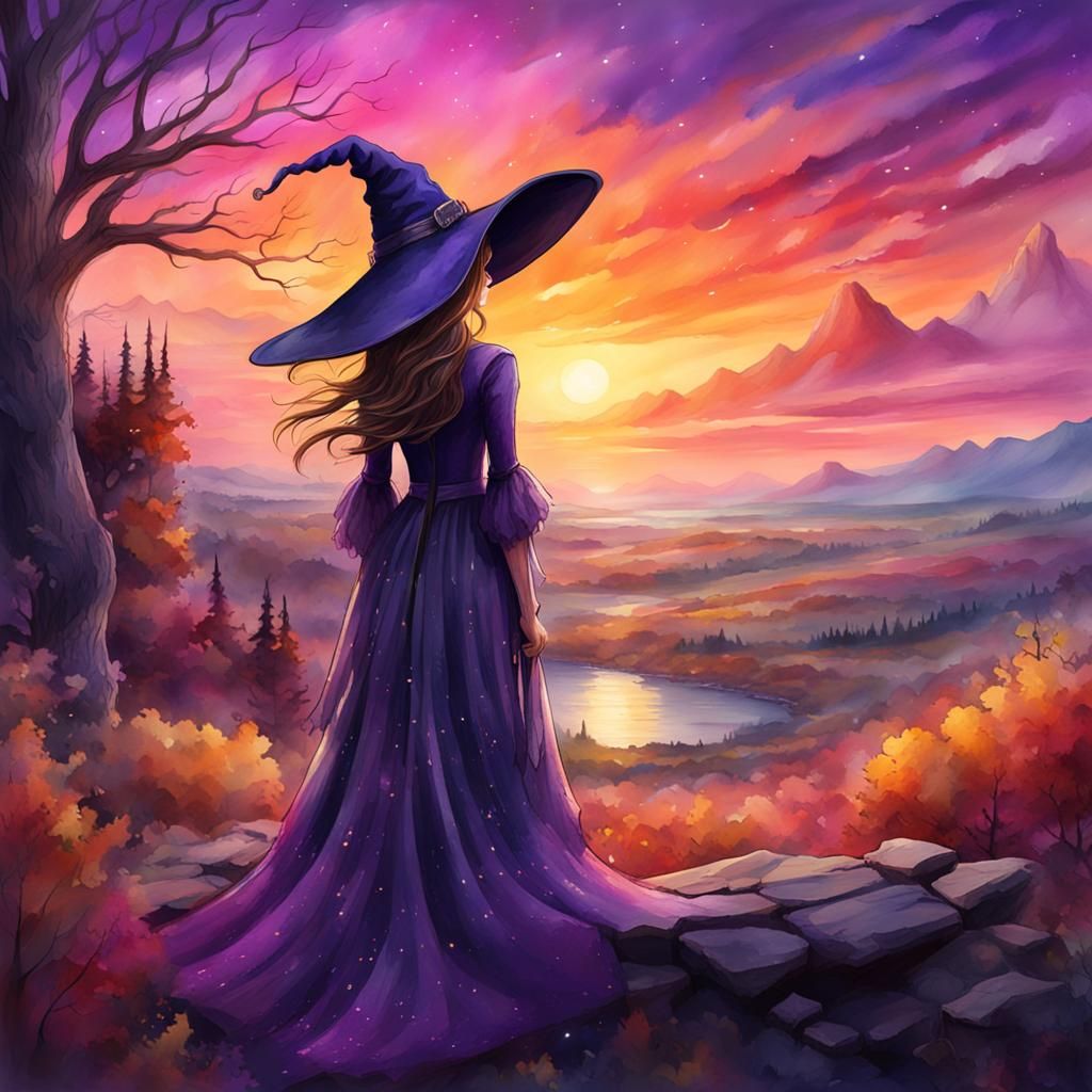 Watercolor Witch at Sunset: Fantasy Art