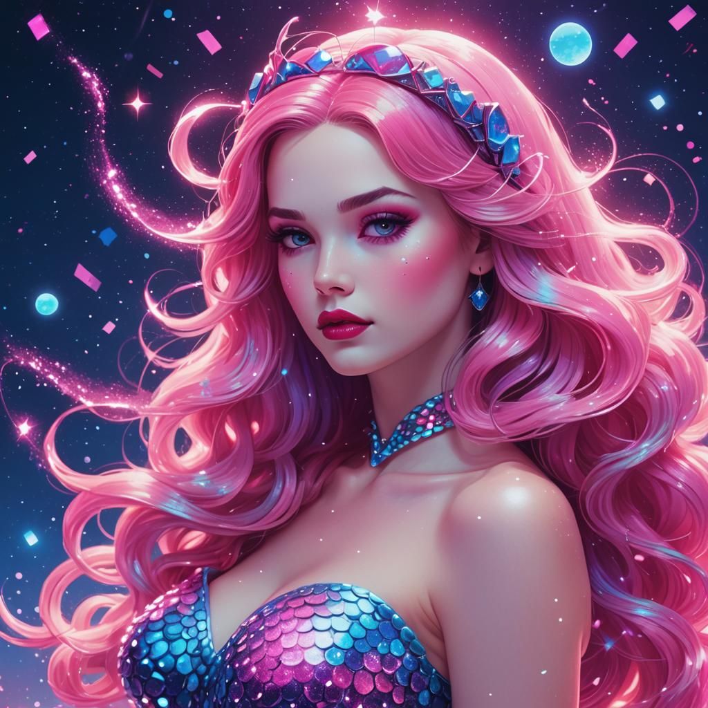 Snow White Space Mermaid in Synthwave Neon Style