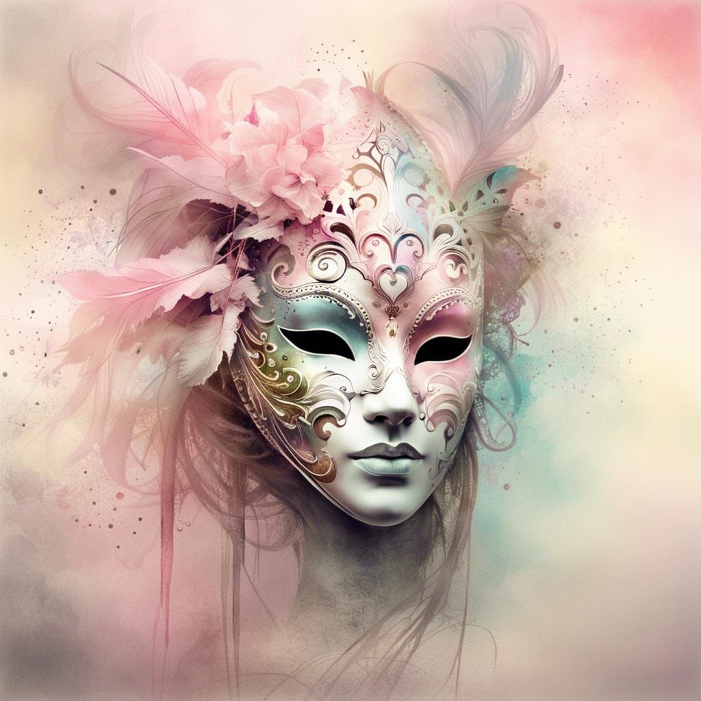 Pink Venetian Mask in Pastel Ink Fractal Style