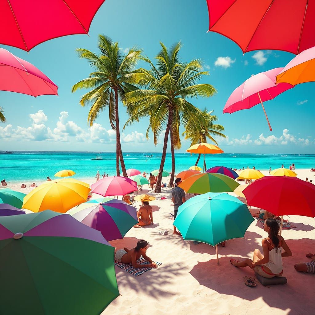 Vibrant Beach Scene with Whimsical Umbrellas and Tropical De...