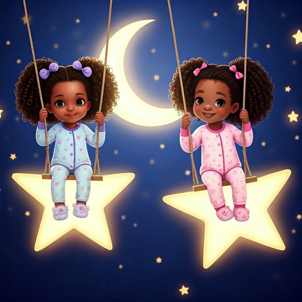 A 3D illustration of two adorable black toddler girls with l...