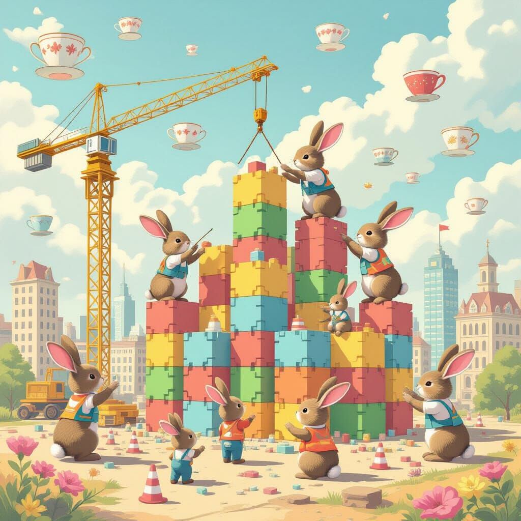 Rabbits Build Block City Under Teacup Sky