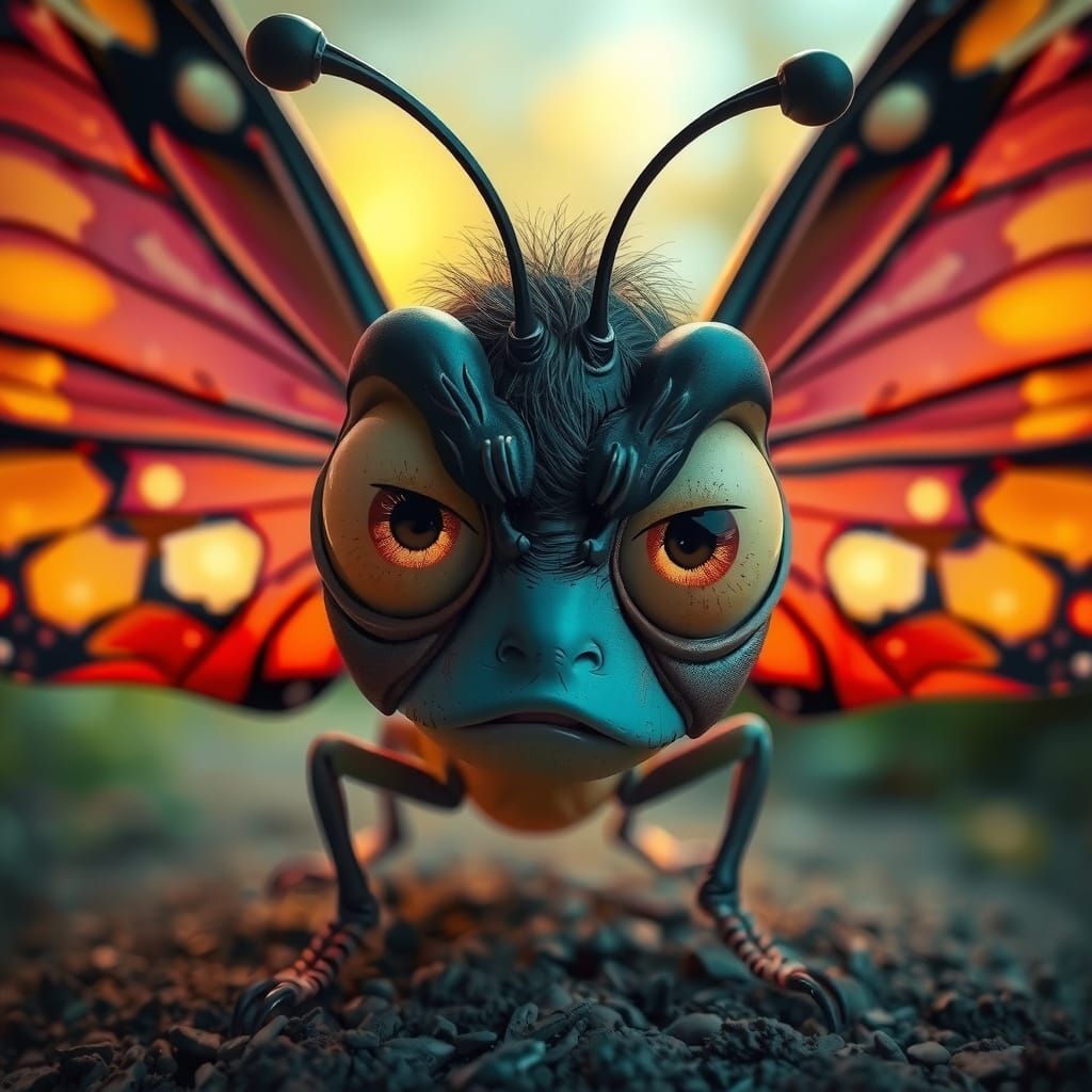 Bewildered Cartoon Butterfly in DreamWorks Style