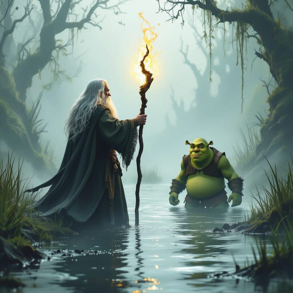 Gandalf and Shrek in a Misty Swamp