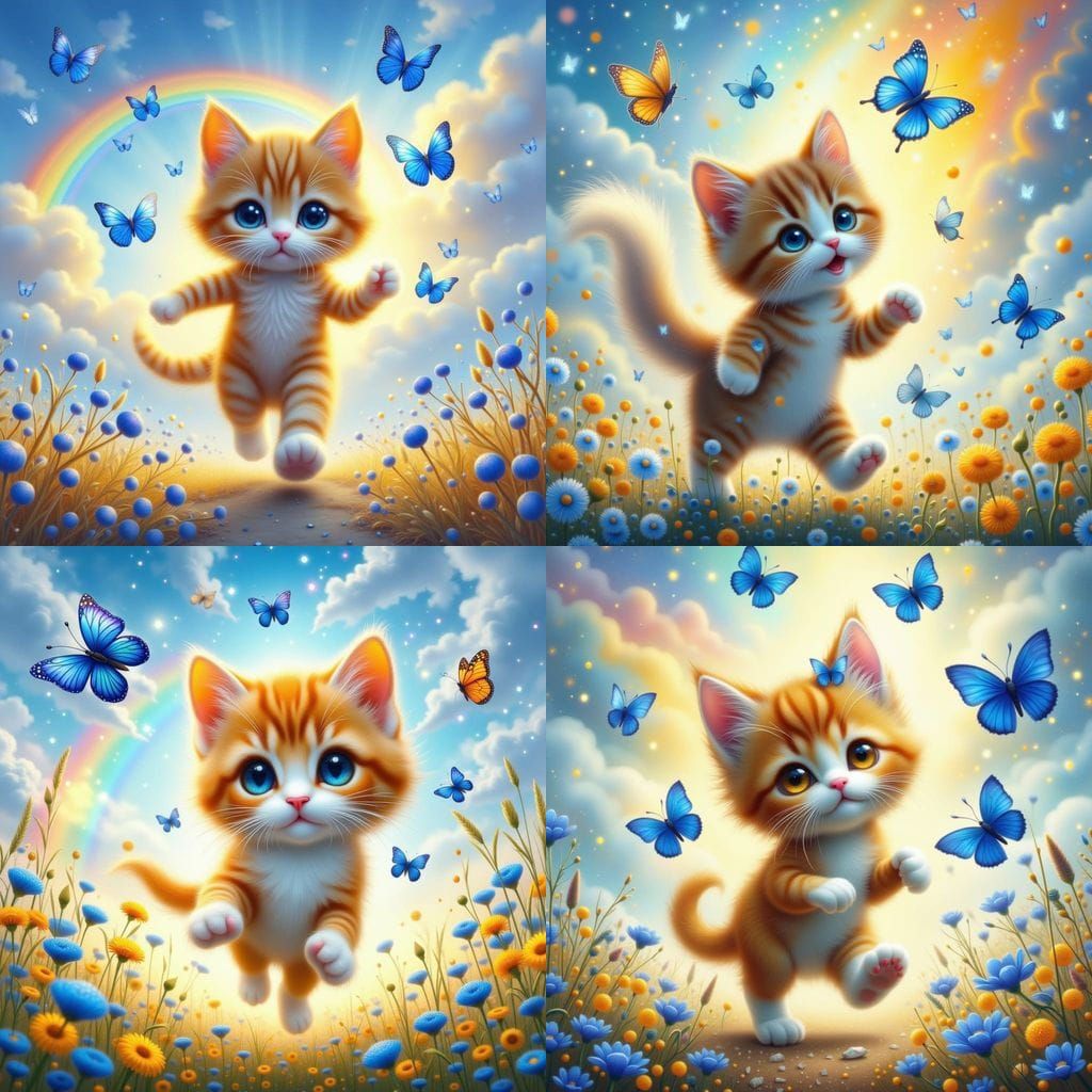 Chibi Kitten Running Under Rainbow with Blue Butterflies