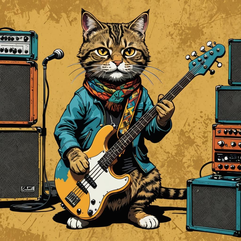 Cats Rock Band Rehearsing in Garage: Pop Art