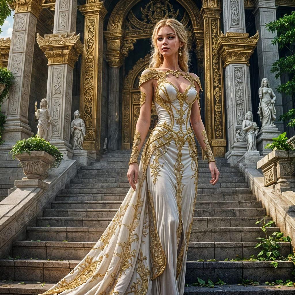 Golden Priestess on Temple Steps: Fantasy Art