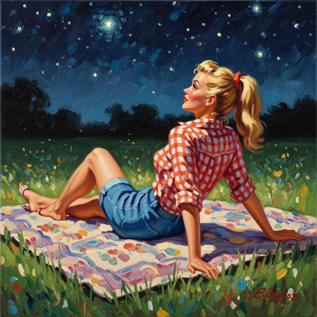 Retro Woman Lounging Under Starry Impressionistic Sky