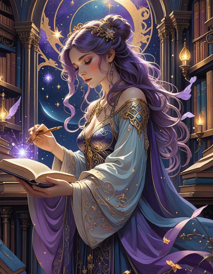 Celestial Librarian in Starry Library, Art Nouveau Style