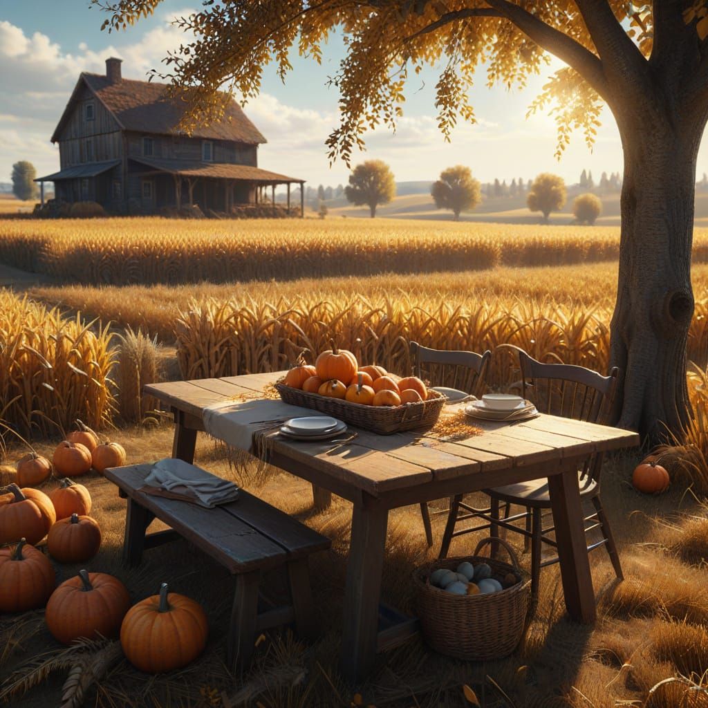 Autumn Harvest Scene in Golden Wheat Field
