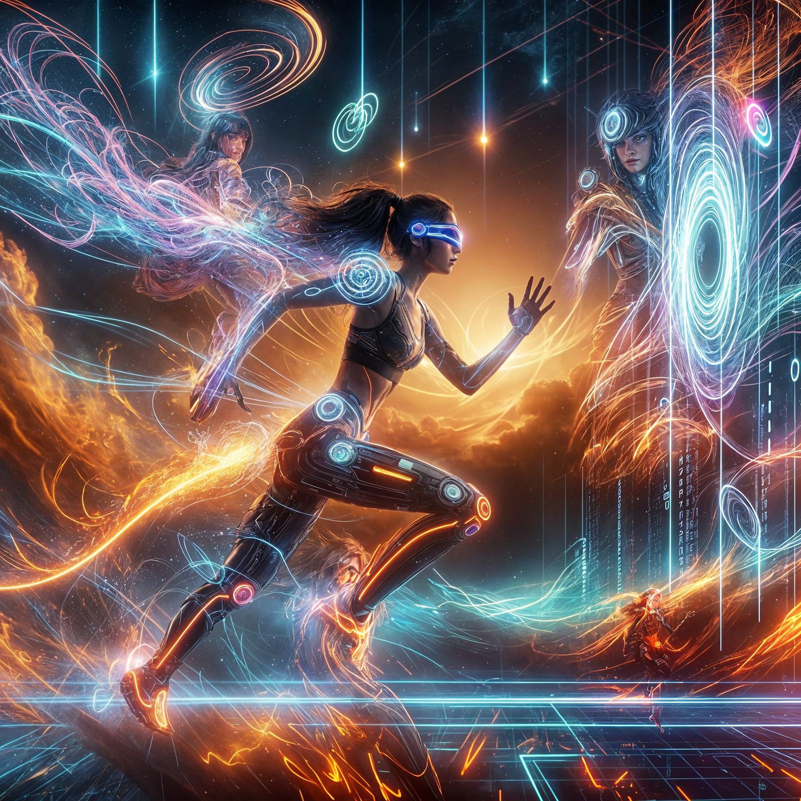 Powerful Woman in Cyber-Fantasy World with Neon Flames