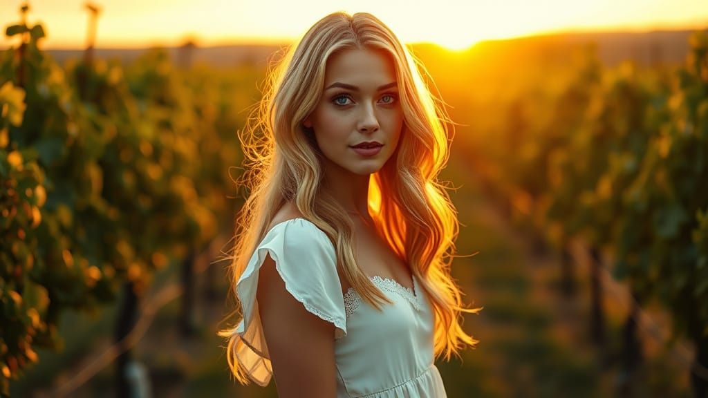 Gorgeous Woman in a Vineyard Sunset