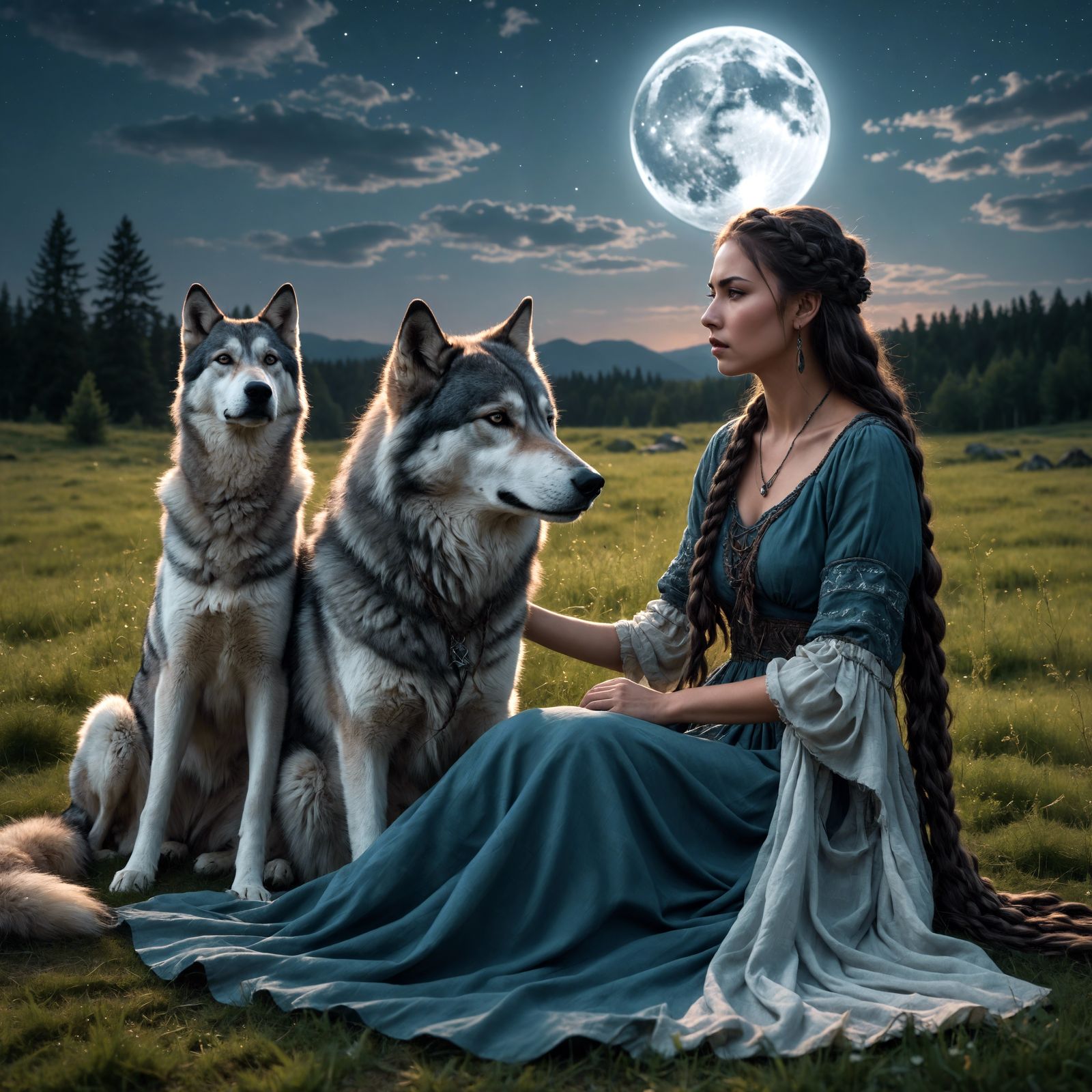 Wolf Goddess in Moonlight with Waving Braids