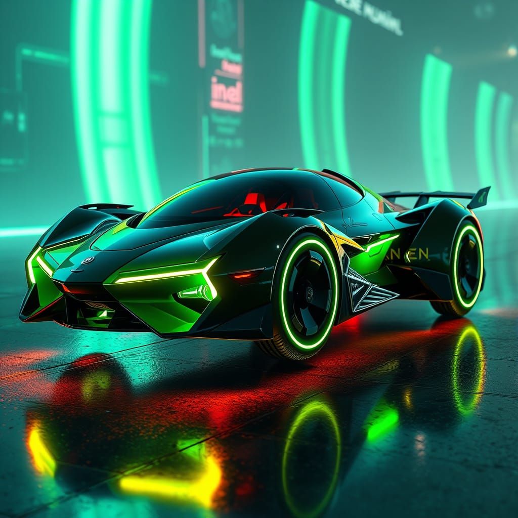 Futuristic Flying Car with Green Neon Lights: 3D Anime Art