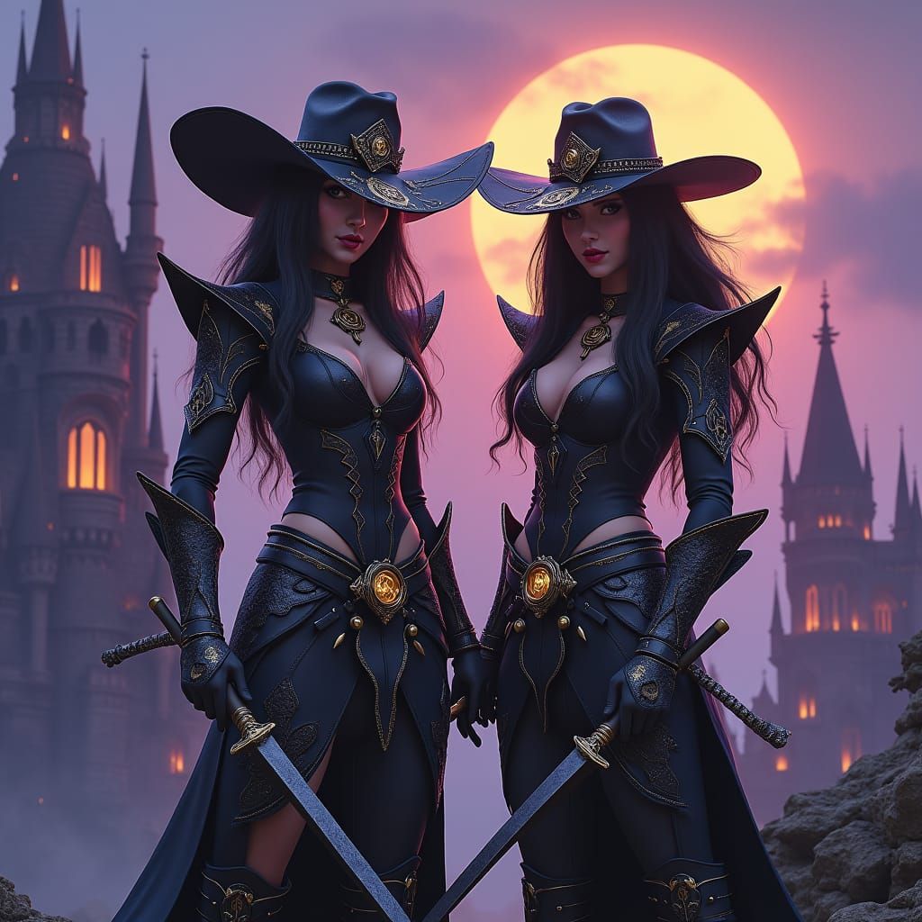 Cowgirls with Nunchucks in Dark Fantasy Landscape