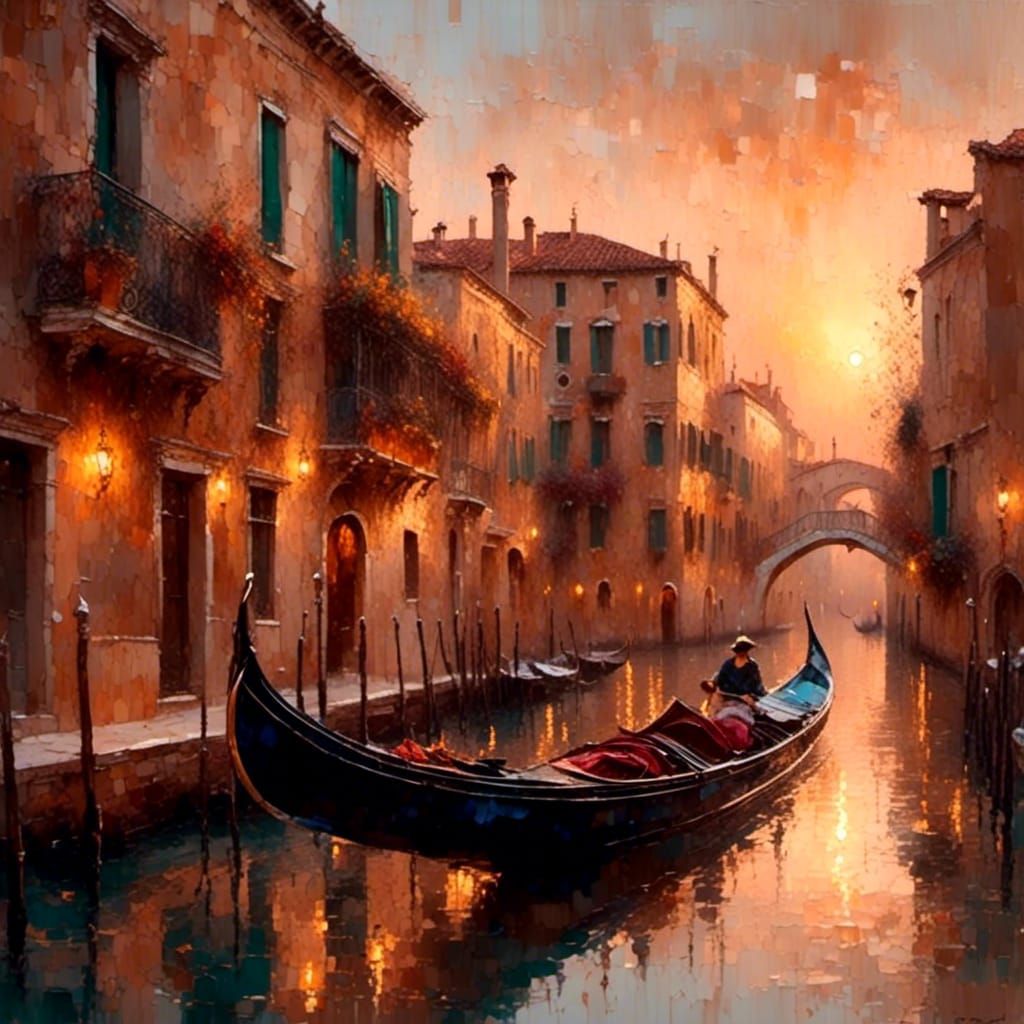 Venice Gondola in Impressionist Oil Painting