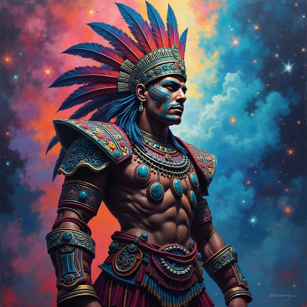 Ancient Warrior in Vibrant Cosmic Landscape