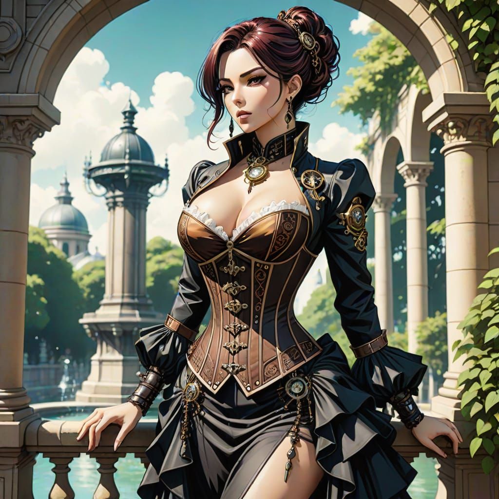 Steampunk Woman in Victorian Garden