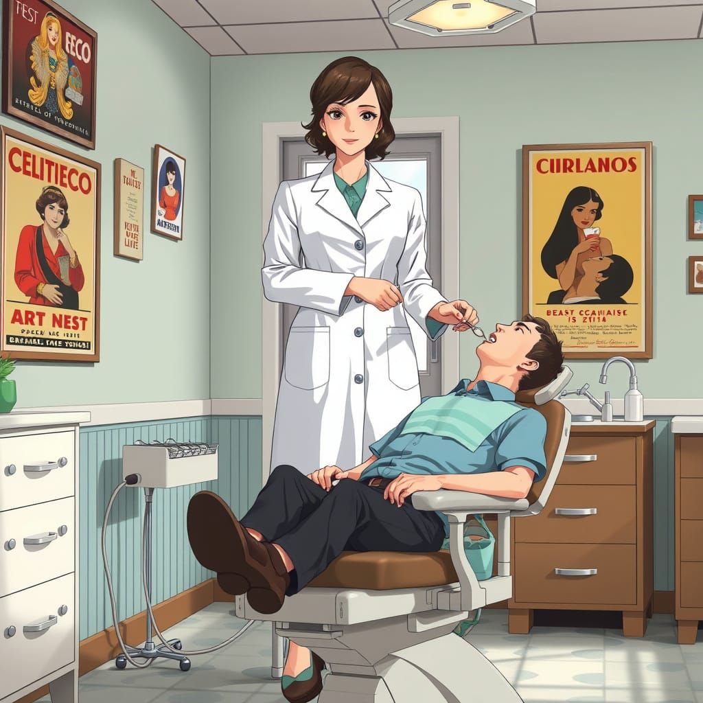Vintage Dental Clinic Scene in Anime Style