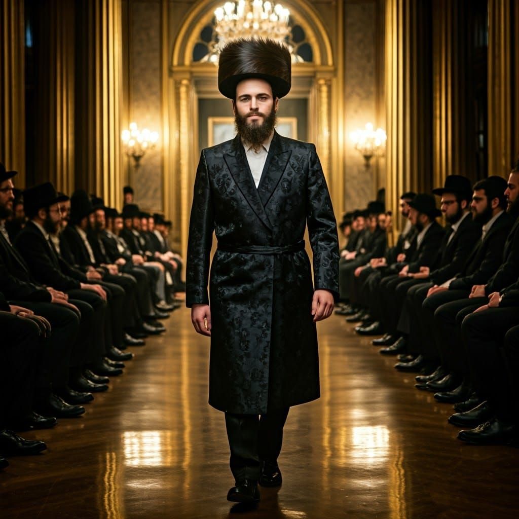 Hasidic Ultra-Orthodox Male Model Struts Luxury Fashion Runw...
