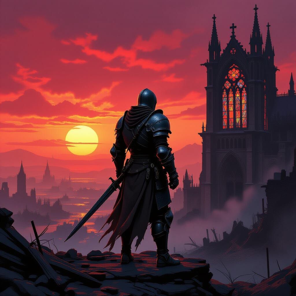 Knight Silhouetted Against Crimson Sunset