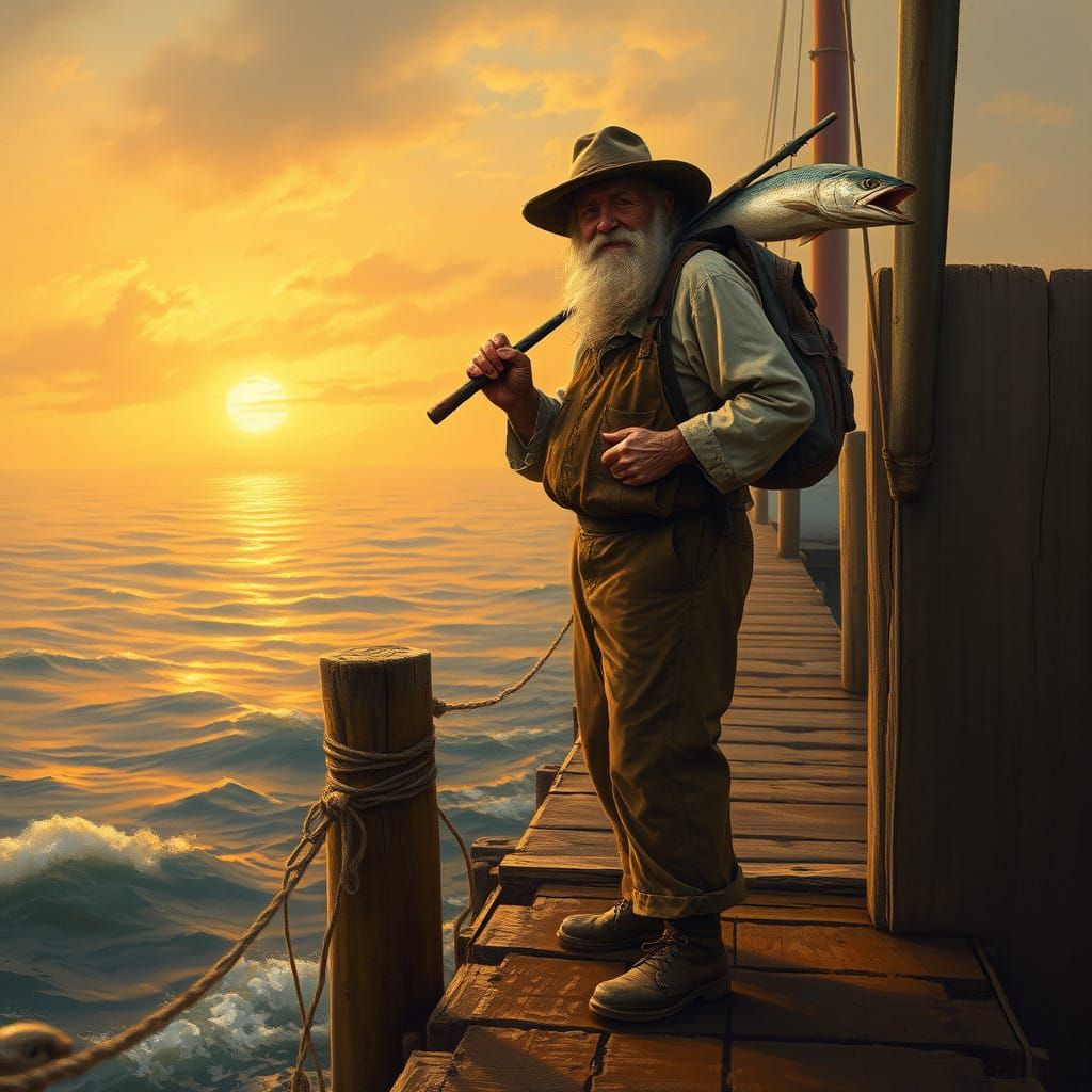 Weathered Fisherman Stands Proud in Golden Sunset