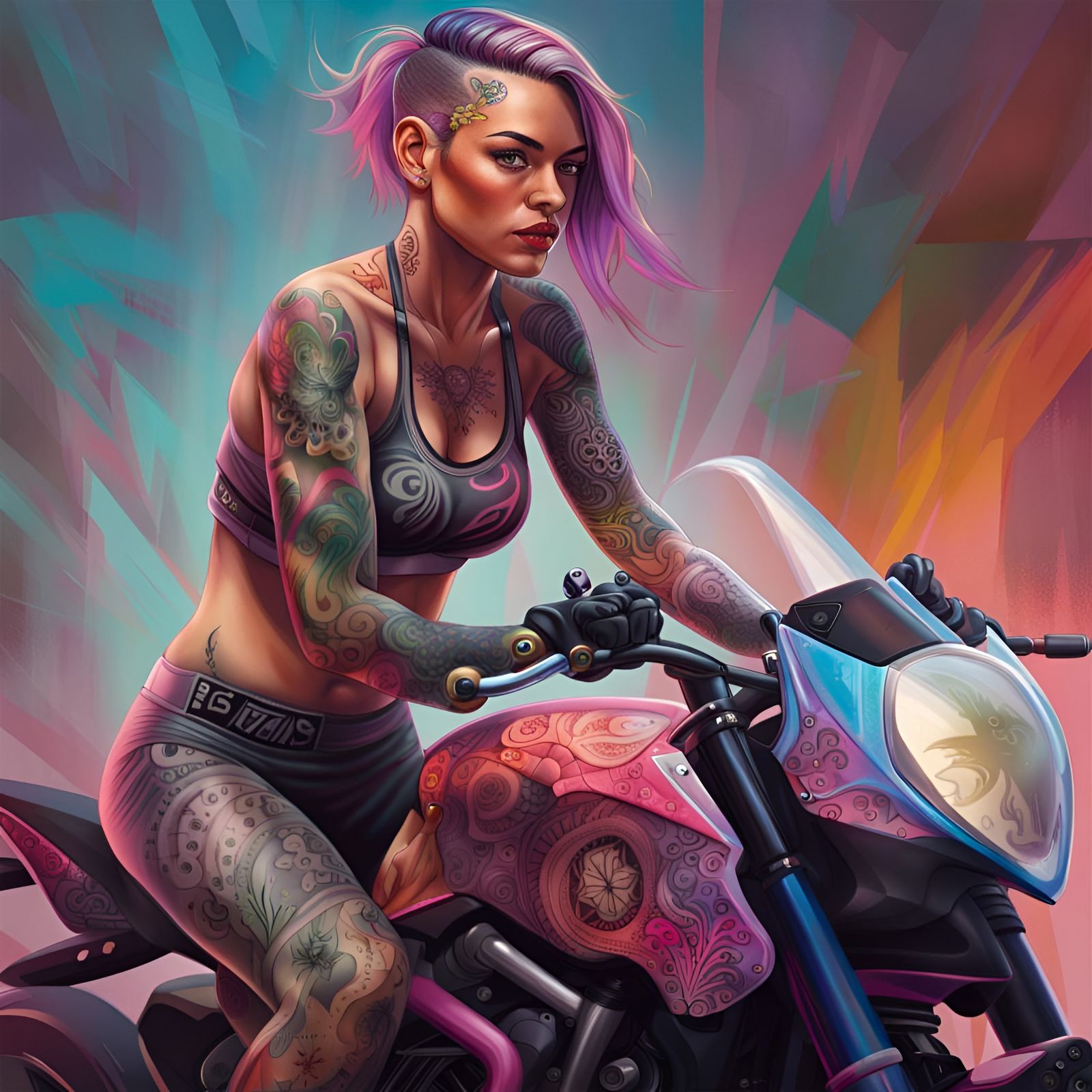 Hyperrealistic Biker with Detailed Tattoos in Splash Art