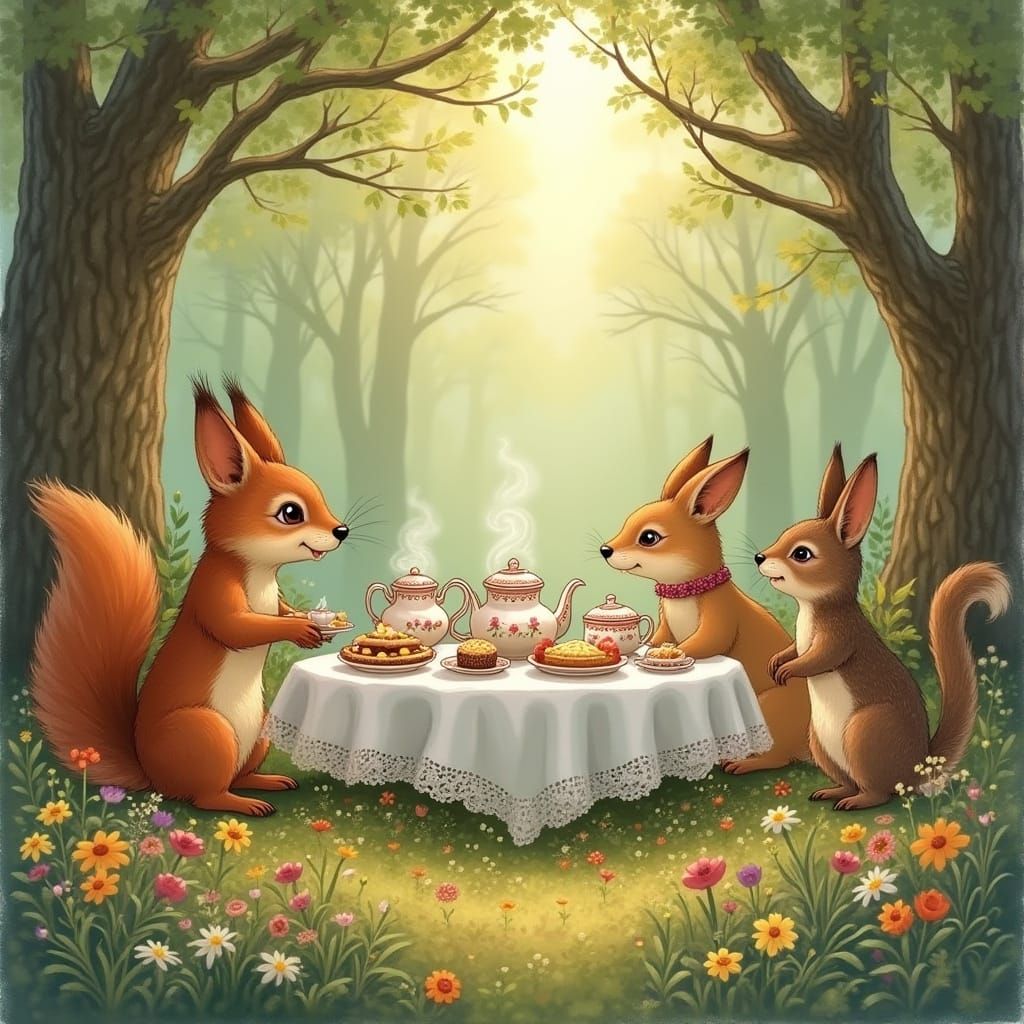 Woodland Tea Party in Children's Book Illustration Style