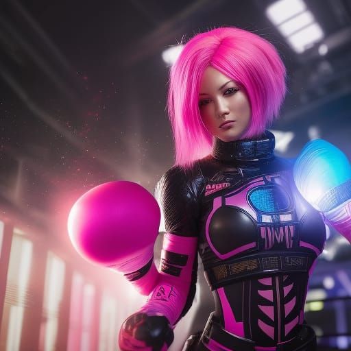 Pink-Haired Cyberpunk Boxer in Volumetric Lighting
