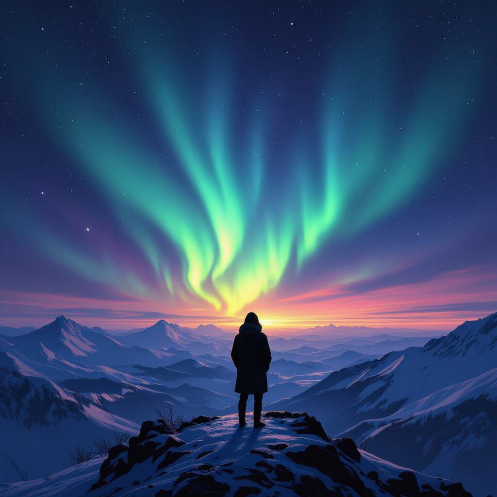 Aurora Borealis Above Windswept Mountain in Cosmic Style