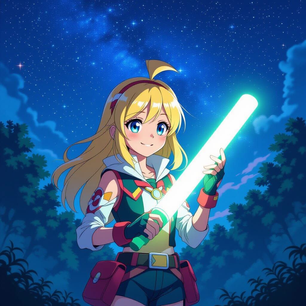 Pokemon Trainer With Glow Stick Under Starlit Sky