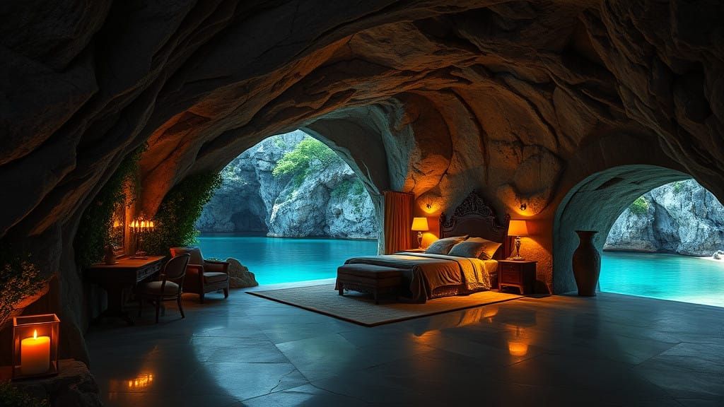 Ethereal Cave Oasis with Luxurious Bedroom and Breathtaking...