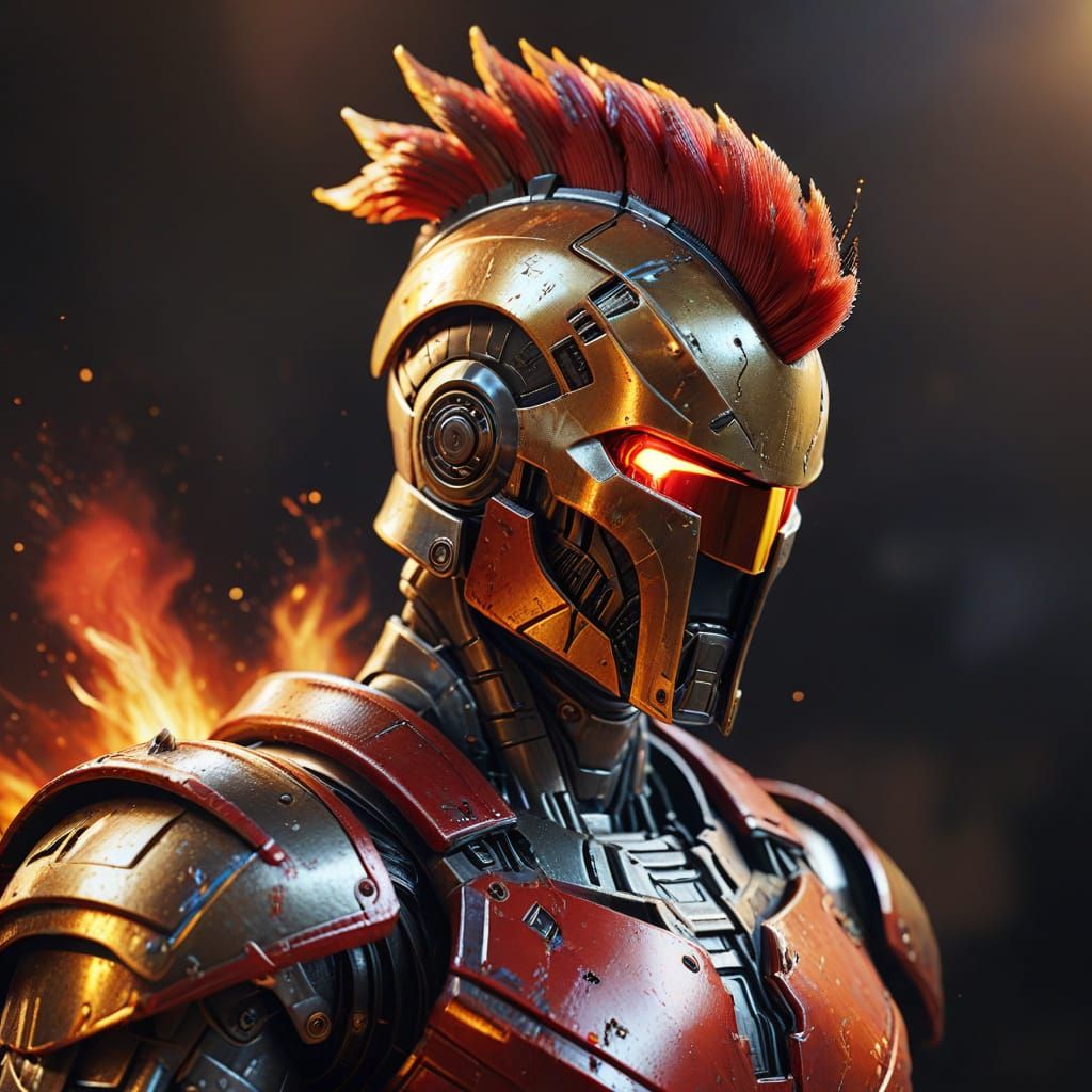 Robot Spartan Warrior in Molten Gold, Oil Painting