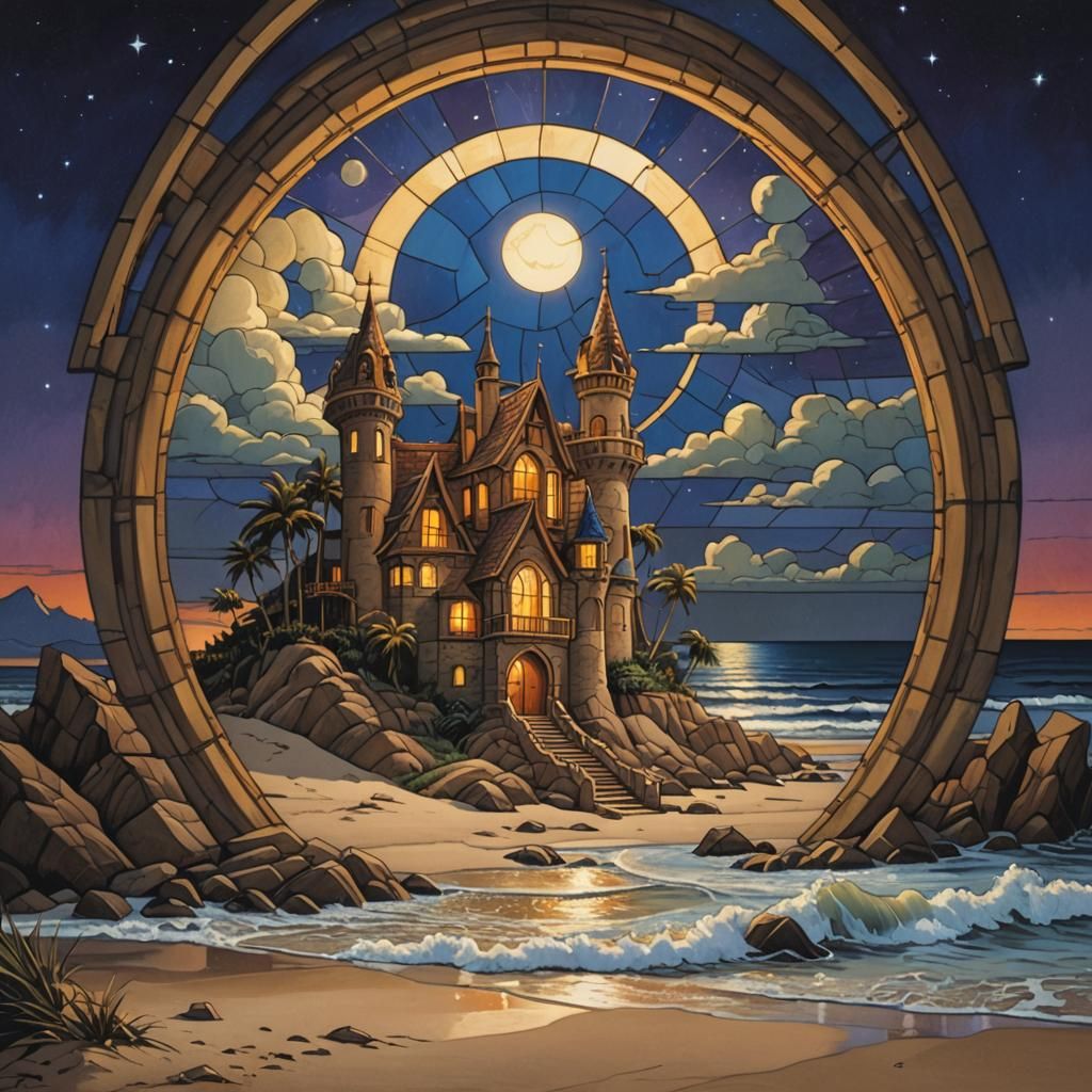 Sandcastle Stained Glass Window in Fantasy Art Style