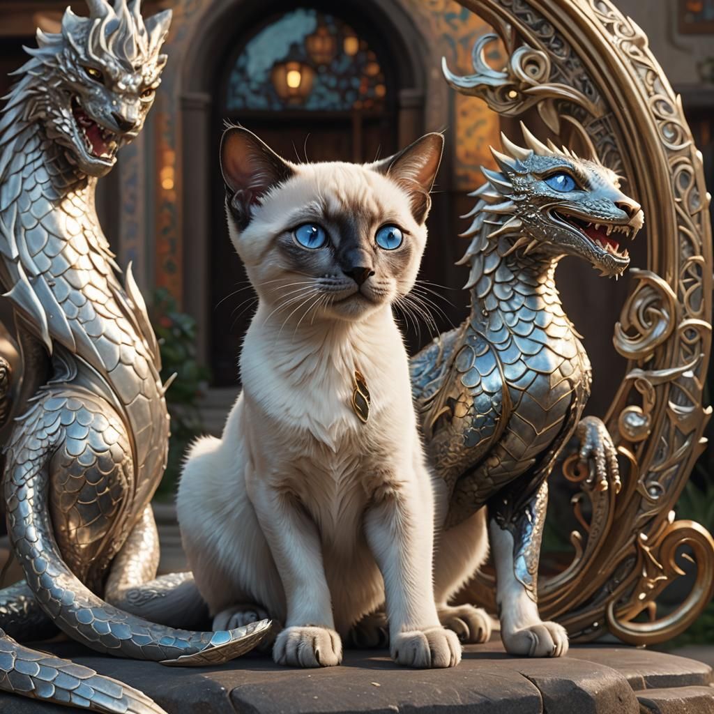 Siamese Kitten and Silver Dragon in Art Nouveau Style